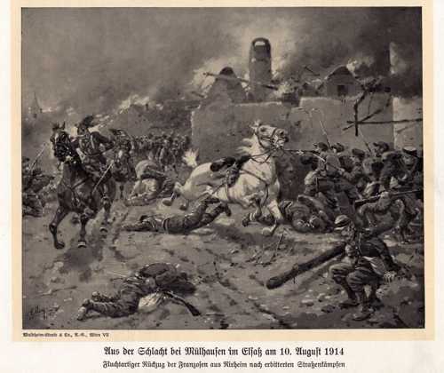 Une représentation fantaisiste de la bataille autour de Mulhouse, représentant la retraite précipitée des Français chassés de Rixheim, après de durs combats de rue.