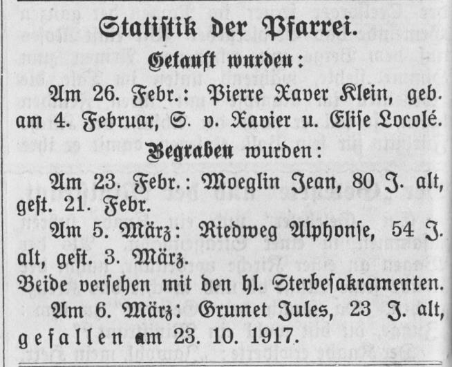 La mention des obsèques de Jules Grumet, le 6 mars 1922, publiée dans le Katholisches Kirchenblatt für die Pfarrei Rixheim (le bulletin paroissial de Rixheim).